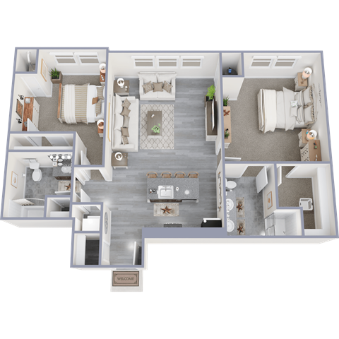 Floor plan for 2 beds, 2 baths, 1025 sqft